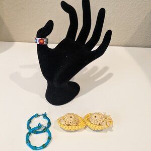 Set of 2 vintage clip-on earrings and vintage ring, pre-owned, fun prints